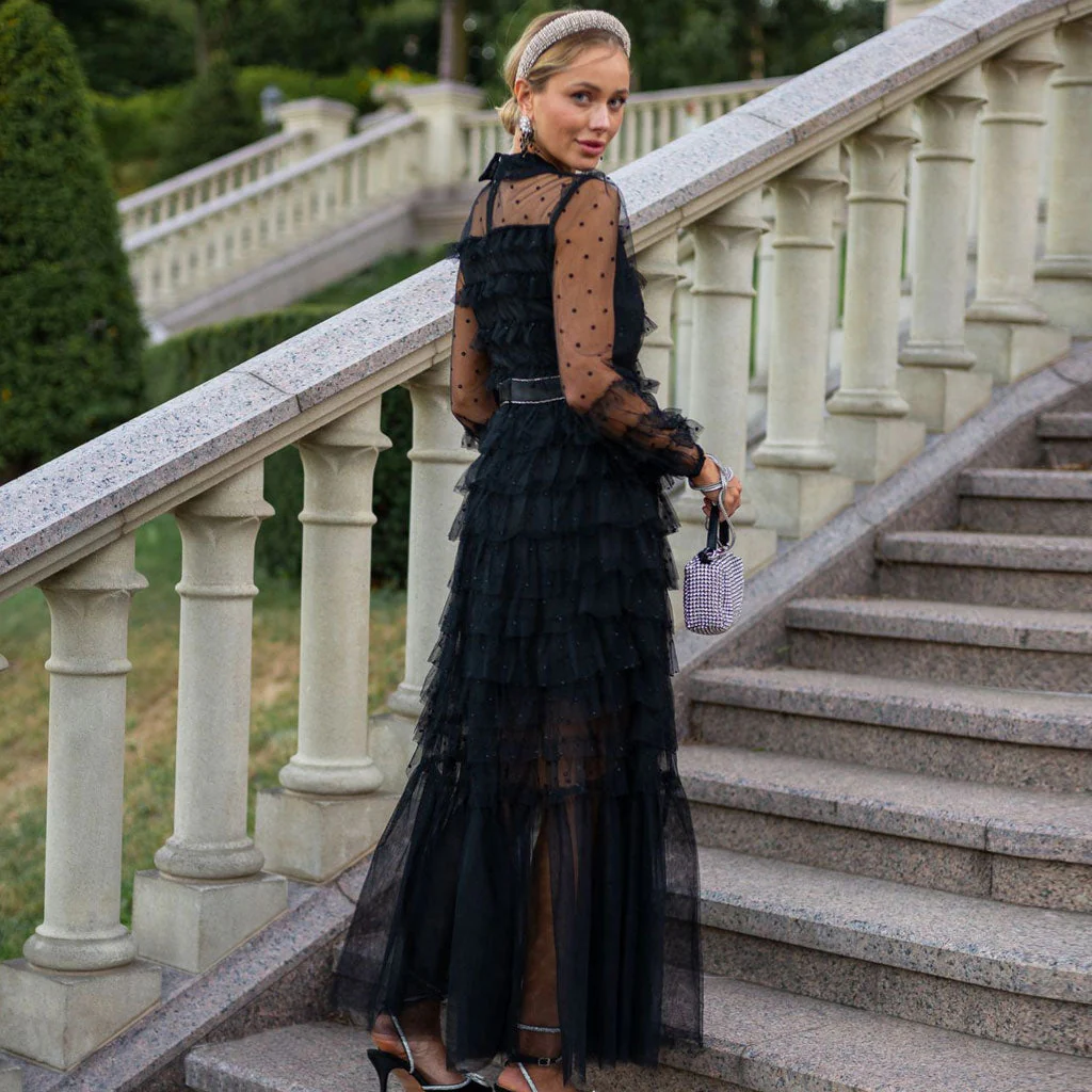Sparkly Crystal Bow Collared Bishop Sleeve Dotted Tulle Ruffle Tiered Maxi Dress - Image 3