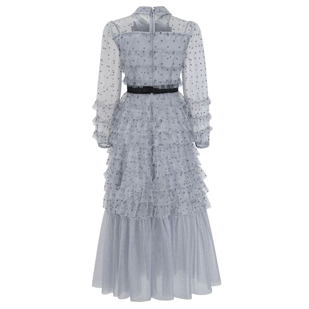 Sparkly Crystal Bow Collared Bishop Sleeve Dotted Tulle Ruffle Tiered Maxi Dress - Image 5