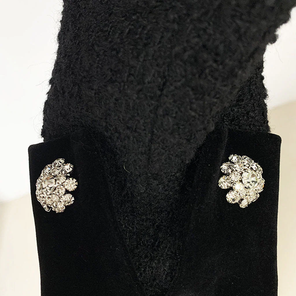 Sparkly Crystal Bowknot Embellished Velvet Collar Long Sleeve Tweed Crop Jacket - Image 5