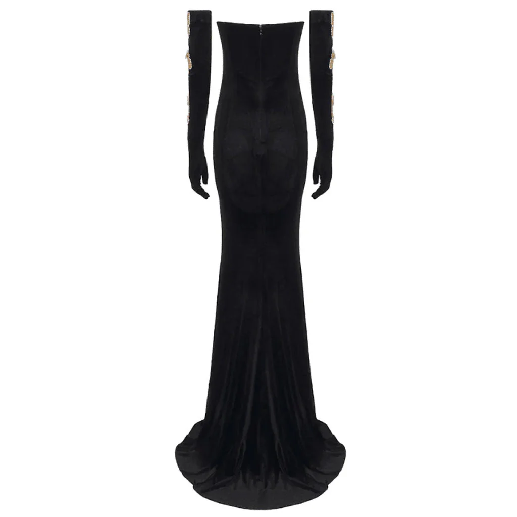 Sparkly Crystal Butterfly Gloved Plunge Strapless Velvet Fishtail Maxi Evening Dress - Image 5