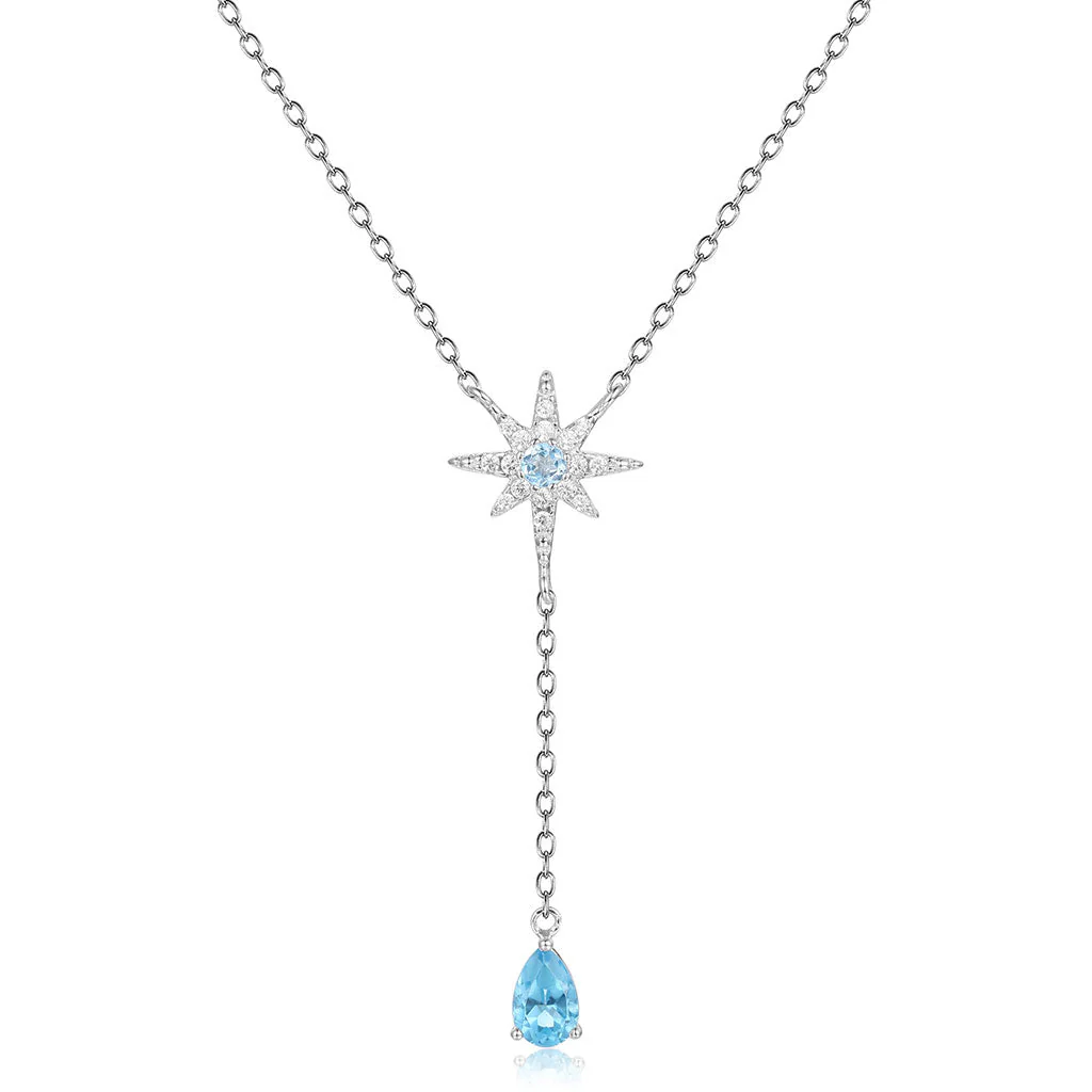 Sparkly Crystal Cubic Zirconia Star Blue Topaz Heart Pendant NeckLace