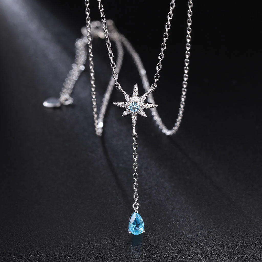 Sparkly Crystal Cubic Zirconia Star Blue Topaz Heart Pendant NeckLace - Image 2