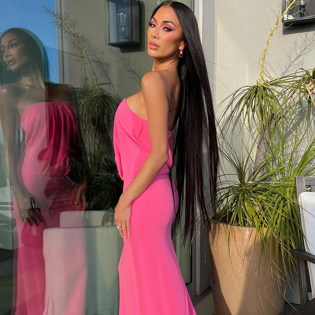Sparkly Crystal Cut Out Waist Pleated Strapless Back Split Maxi Evening Dress - Image 3