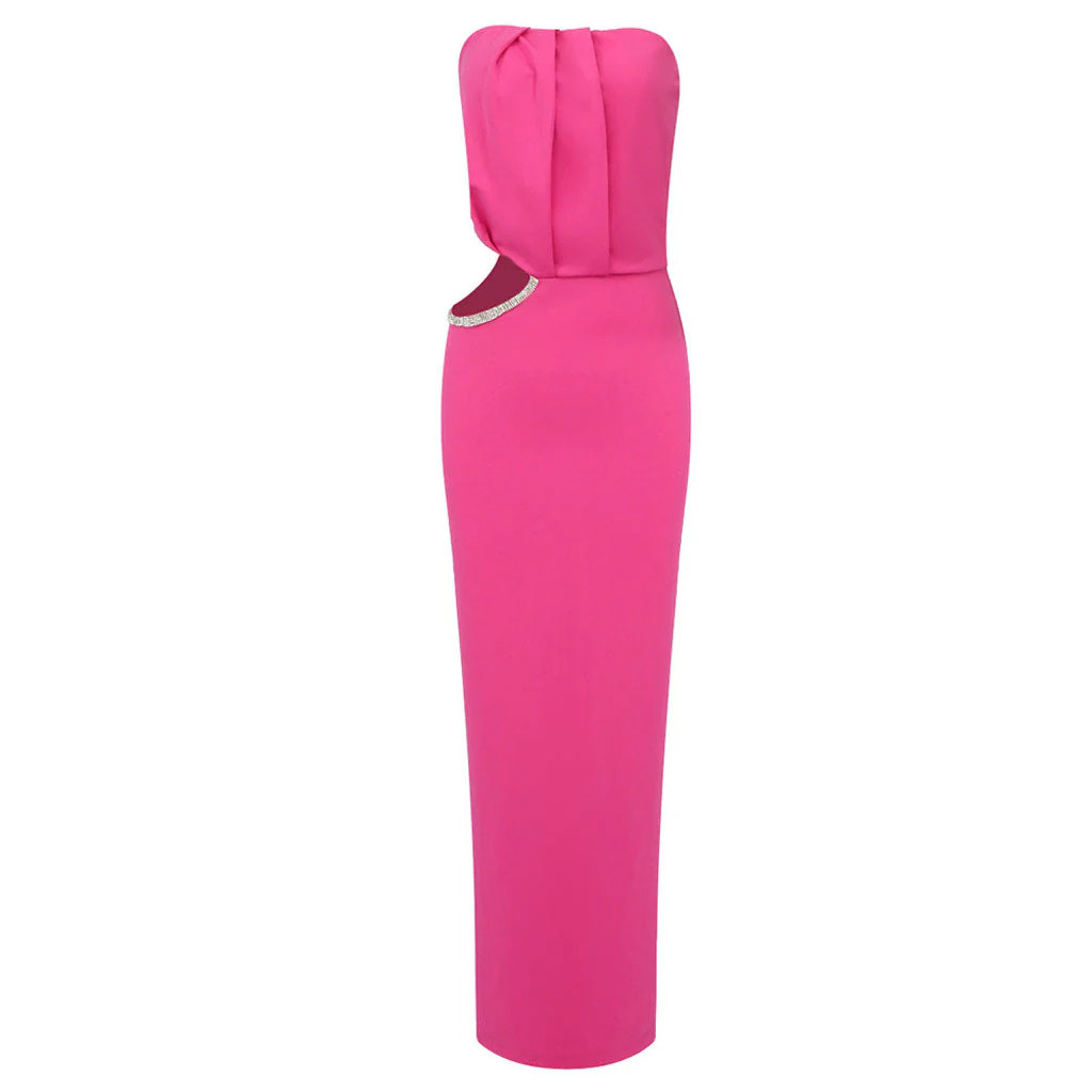 Sparkly Crystal Cut Out Waist Pleated Strapless Back Split Maxi Evening Dress - Image 4