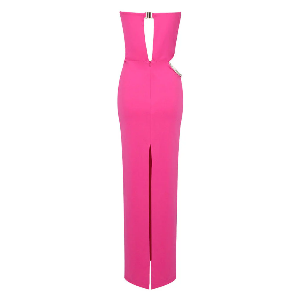 Sparkly Crystal Cut Out Waist Pleated Strapless Back Split Maxi Evening Dress - Image 5