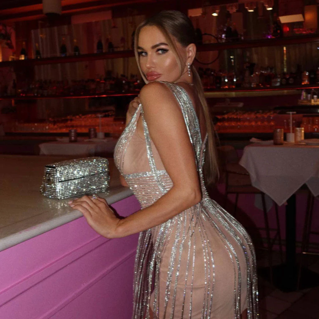Sparkly Crystal Detail Deep V Neck Sleeveless Bodycon Fringe Mini Party Dress - Image 5