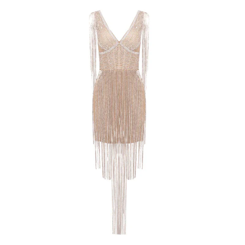 Sparkly Crystal Detail Deep V Neck Sleeveless Bodycon Fringe Mini Party Dress - Image 6