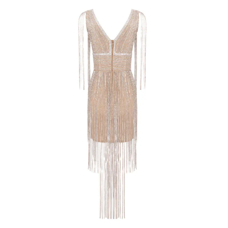 Sparkly Crystal Detail Deep V Neck Sleeveless Bodycon Fringe Mini Party Dress - Image 7