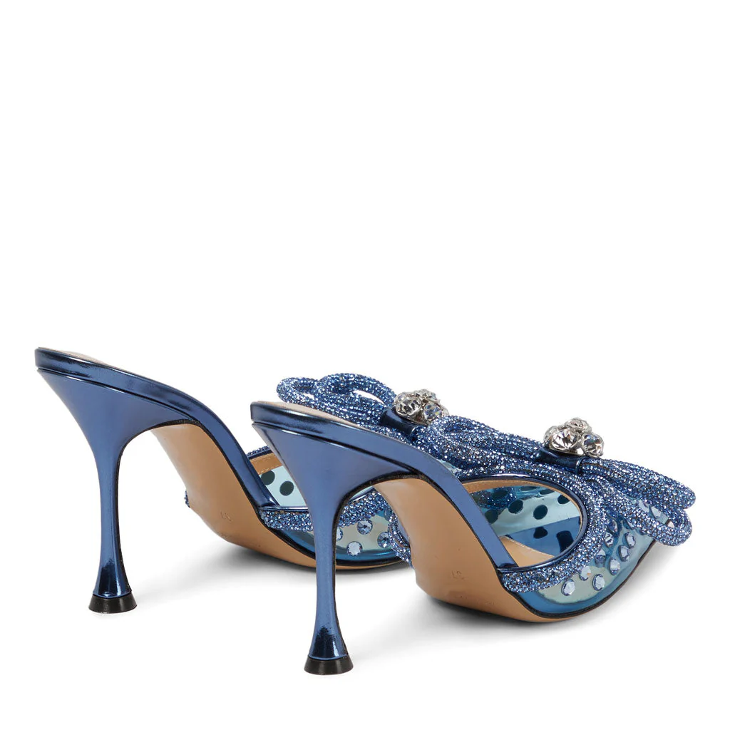 Sparkly Crystal Embellished Bow Pointed Toe Stiletto Mesh Mules - Blue - Image 4