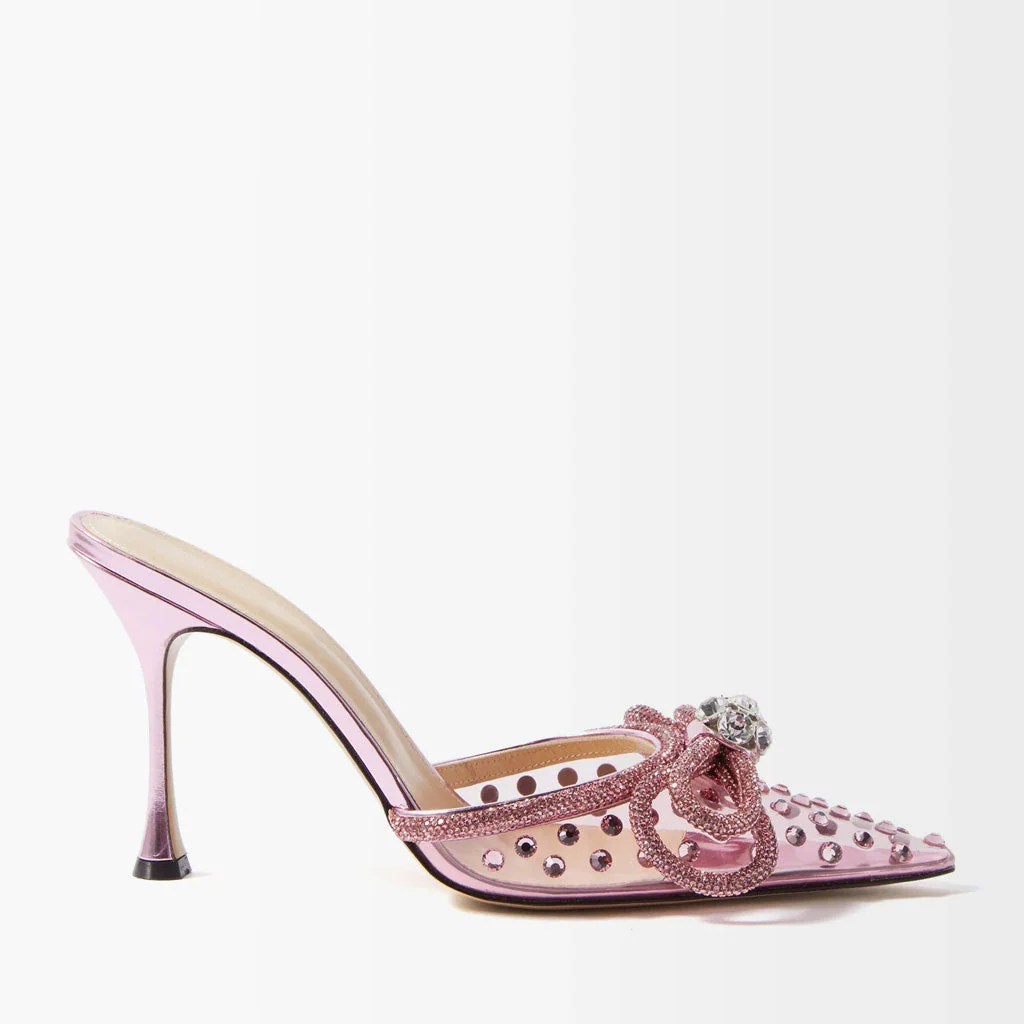 Sparkly Crystal Embellished Bow Pointed Toe Stiletto Mesh Mules - Purple - Image 4