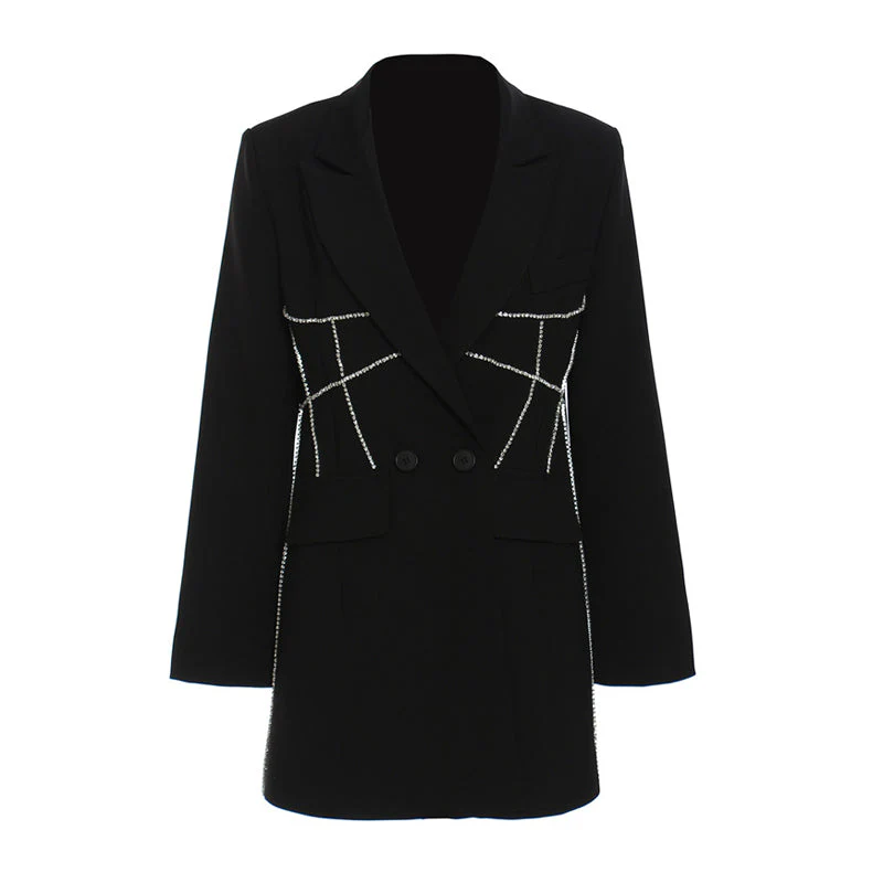 Sparkly Crystal Embellished Peak Lapel Long Sleeve Double Breasted Blazer - Image 2