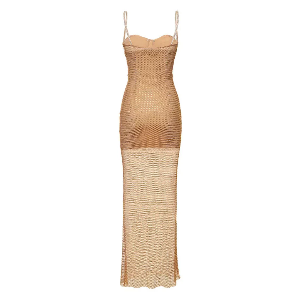 Sparkly Crystal Embellished Sweetheart Neck Sleeveless Fishnet Mesh Maxi Dress - Image 2