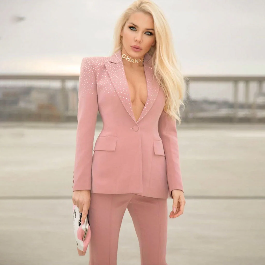 Sparkly Crystal Lapel Collar Single Breasted Tailored Skinny Blazer Matching Set - Image 2