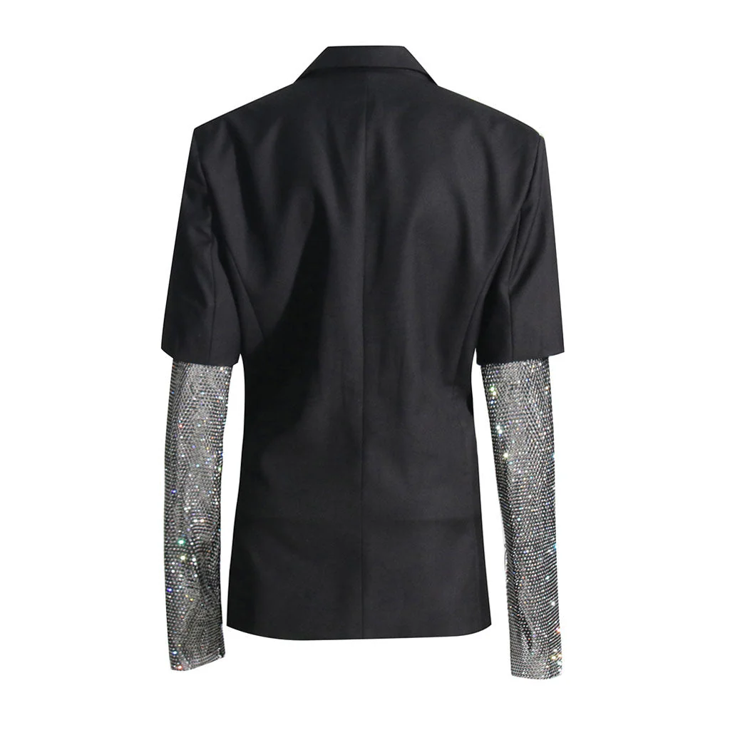 Sparkly Crystal Mesh Sleeve Peak Lapel Collar Shoulder Pad Hybrid Blazer - Image 2
