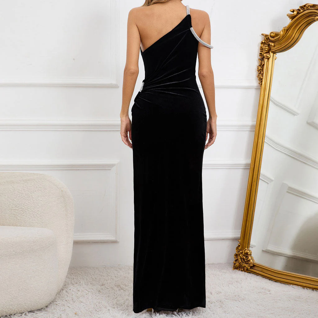 Sparkly Crystal One Shoulder CutOut High Split Velvet Maxi Evening Dress - Image 4