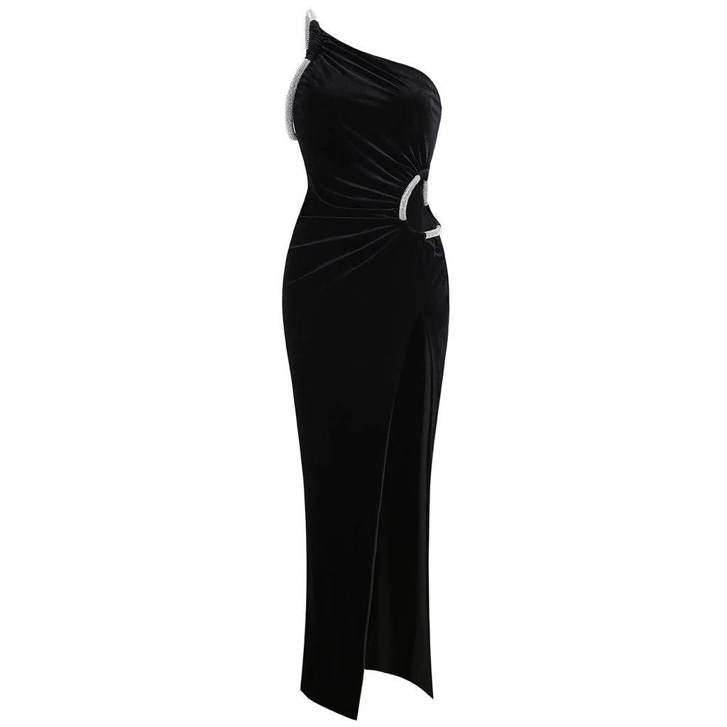 Sparkly Crystal One Shoulder CutOut High Split Velvet Maxi Evening Dress - Image 5