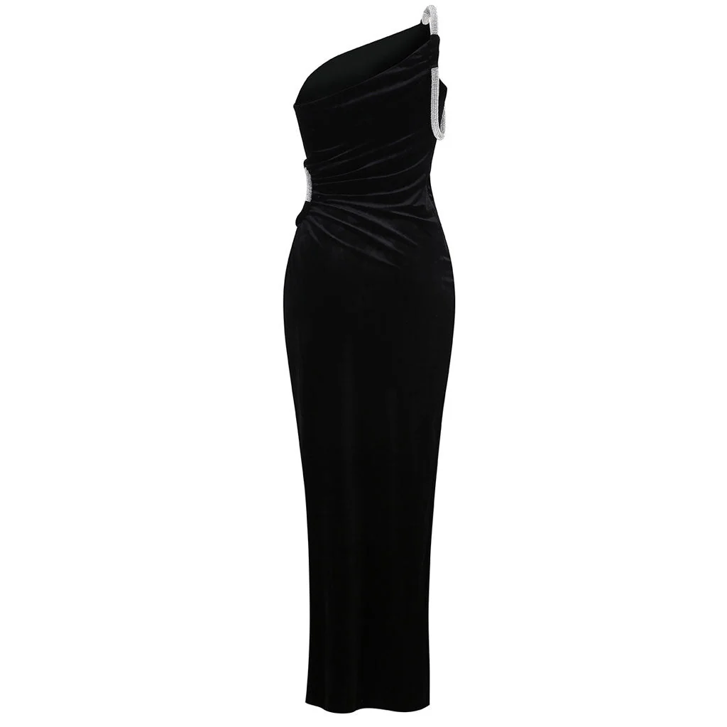 Sparkly Crystal One Shoulder CutOut High Split Velvet Maxi Evening Dress - Image 6