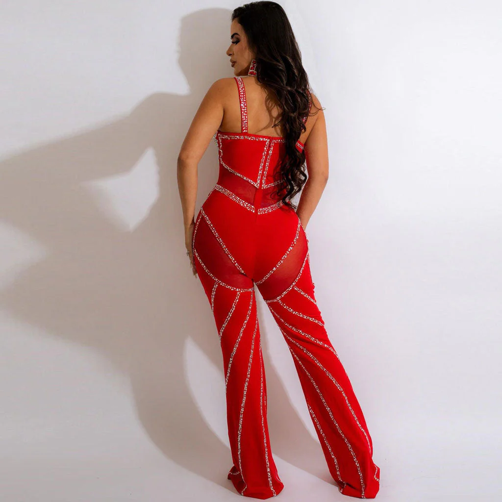 Sparkly Crystal Plunge Neck Sheer Mesh Panel Wide Leg Sleeveless Party Jumpsuit - Image 5