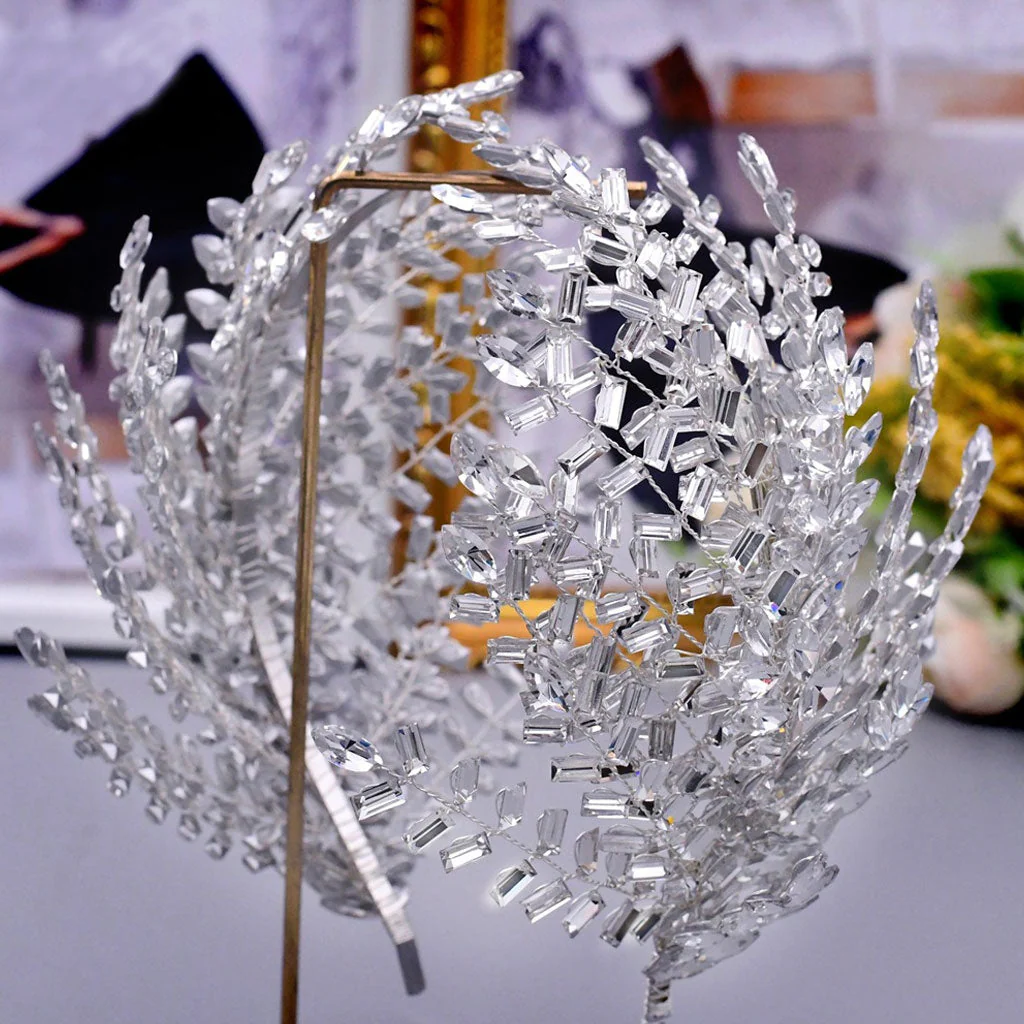Sparkly Crystal Rhinestone Leaf Motif Embellished Headband - Silver - Image 2