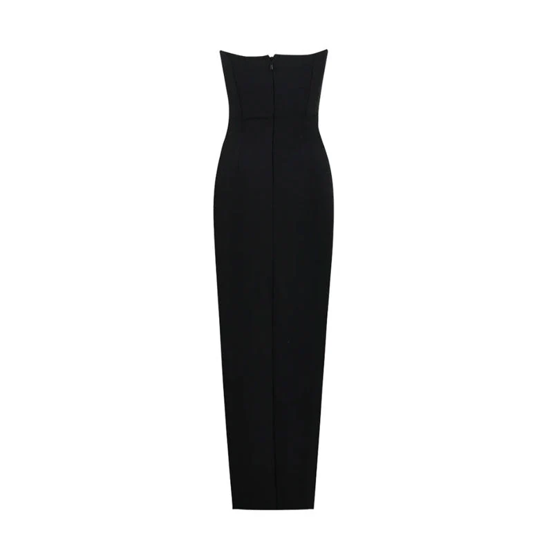 Sparkly Crystal Rose Embellished Side Slit Bodycon Maxi Dress - Black - Image 6