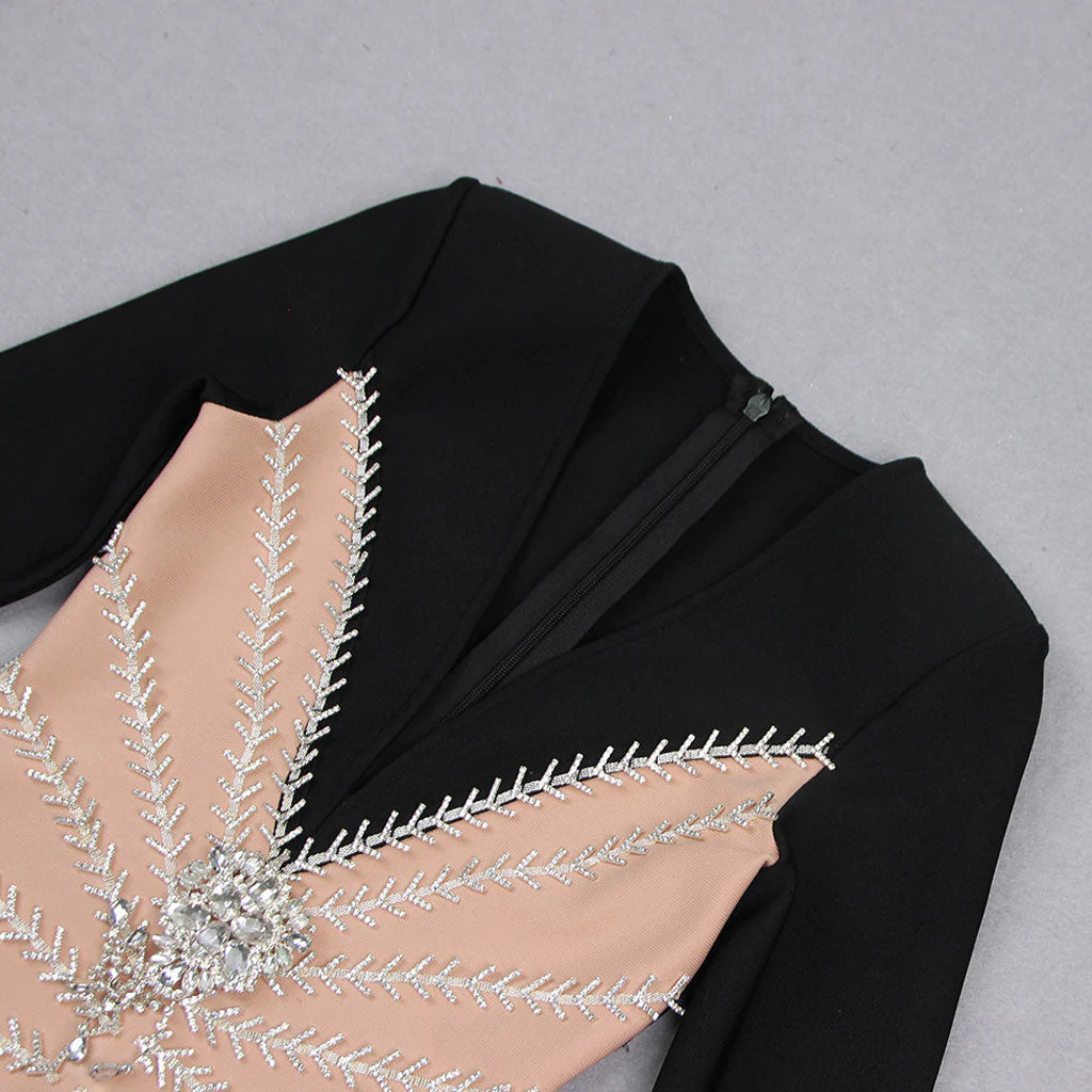 Sparkly Crystal Rosette Applique Bicolor Plunge Neck Bodycon Party Mini Bandage Dress - Image 3