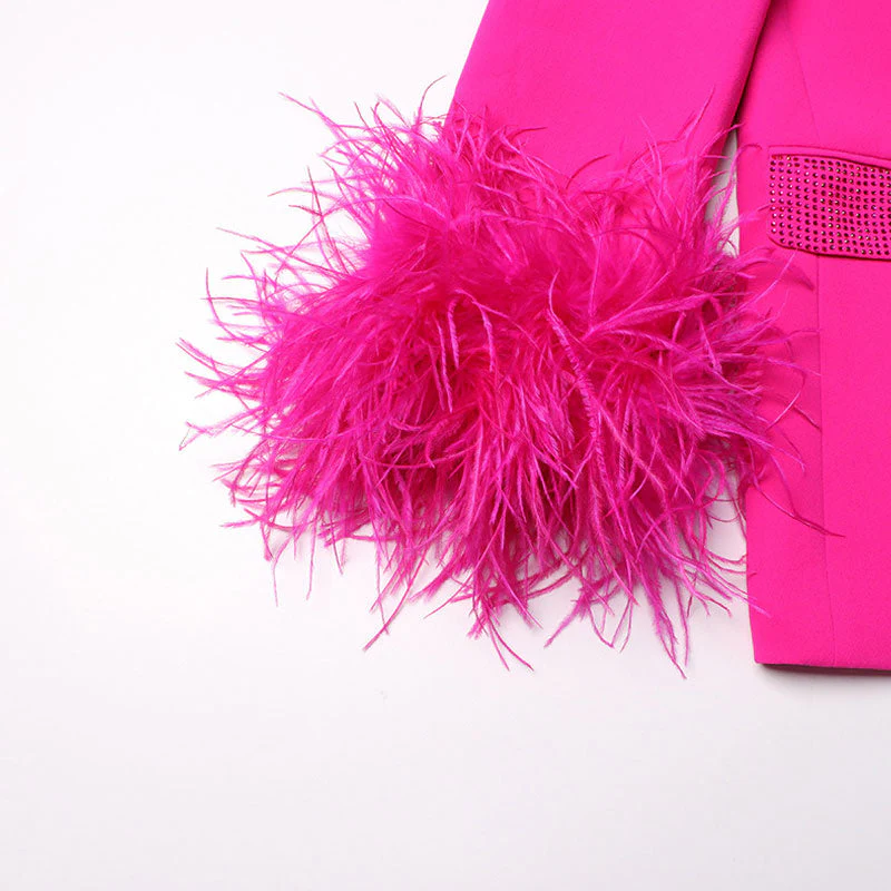 Sparkly Crystal Shawl Collar Faux Feather Trim Long Sleeve Single Button Tailored Blazer - Image 5
