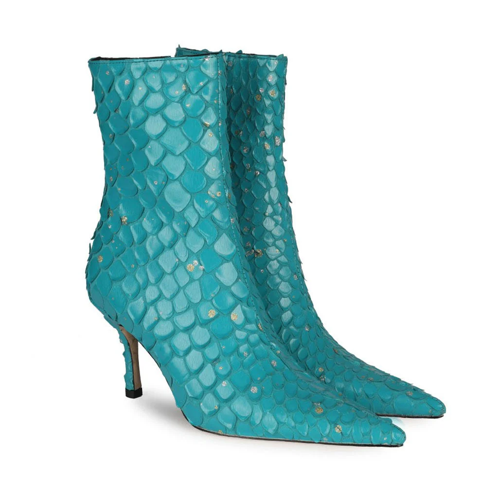 Sparkly Diamante Effect Mermaid Scale Pointed Heeled Ankle Boots - Teal - Image 2