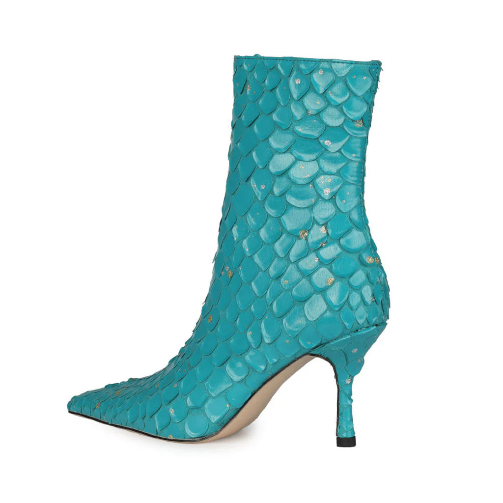 Sparkly Diamante Effect Mermaid Scale Pointed Heeled Ankle Boots - Teal - Image 4