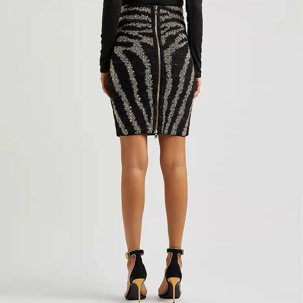 Sparkly Diamante Studded Zebra Print Mid Waist Tweed Knit Midi Pencil Skirt - Image 3