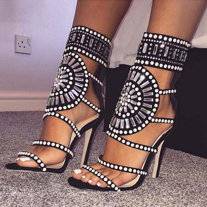 Sparkly Embellished Cut Out Open Toe High Heel Sandals - Black - Image 3