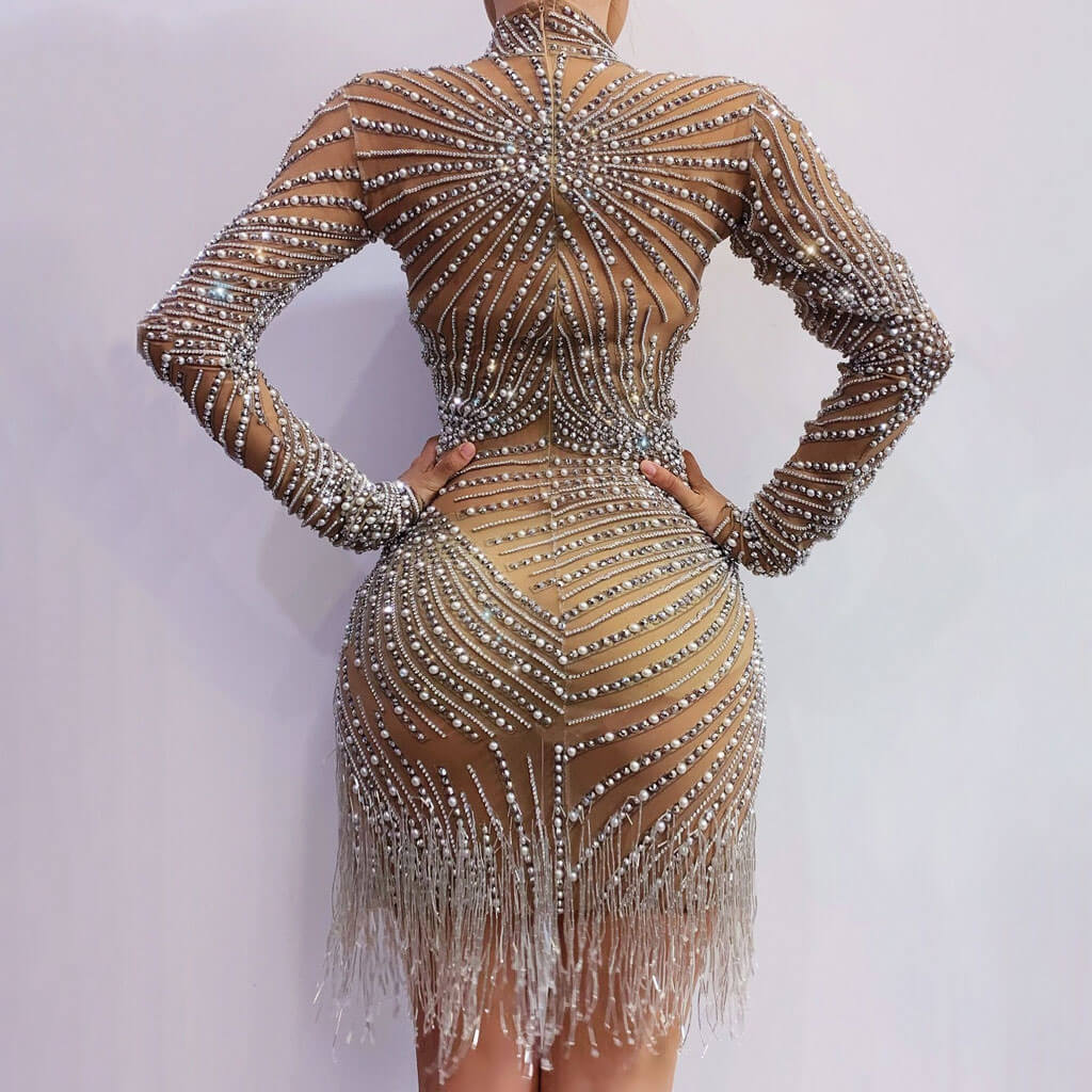 Sparkly Faux Pearl and Rhinestone Embellished Fringe Trim Split Side Mini Party Dress - Image 5