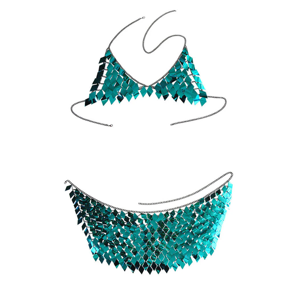 Sparkly Halter Neck Rhombus Chain Link Sequin Chainmail Body Chain Set - Image 6