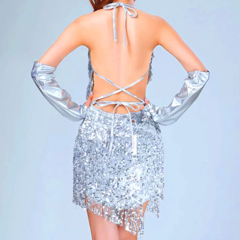 Sparkly Halter V Neck Bodycon Tassel Sequin Mini Dress - Silver - Image 2