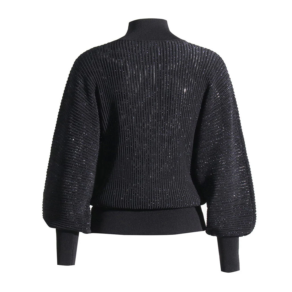 Sparkly High Neck Balloon Sleeve Metallic Lurex Ribbed Knit Pullover Sweater - Image 2