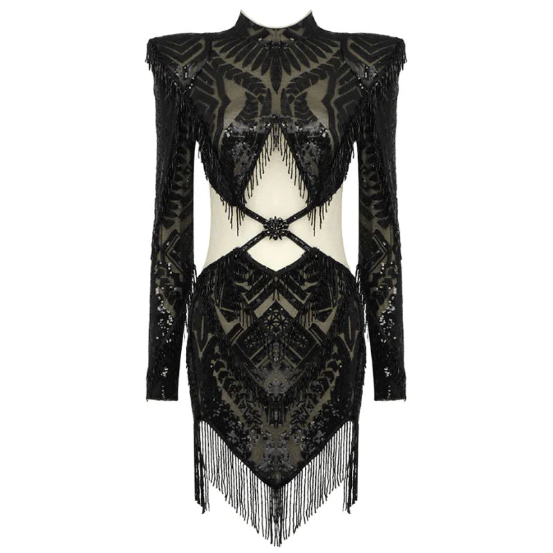 Sparkly High Neck Rosette CutOut Fringe Micro Short Semi Sheer Sequin Dress - Image 3