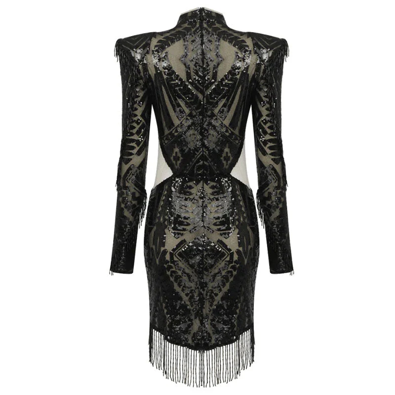 Sparkly High Neck Rosette CutOut Fringe Micro Short Semi Sheer Sequin Dress - Image 4