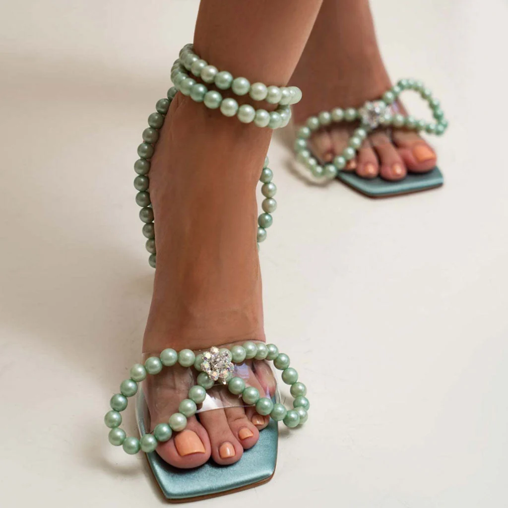 Sparkly Pearl Strap Unique High Heels Butterfly Sandals - Green - Image 3