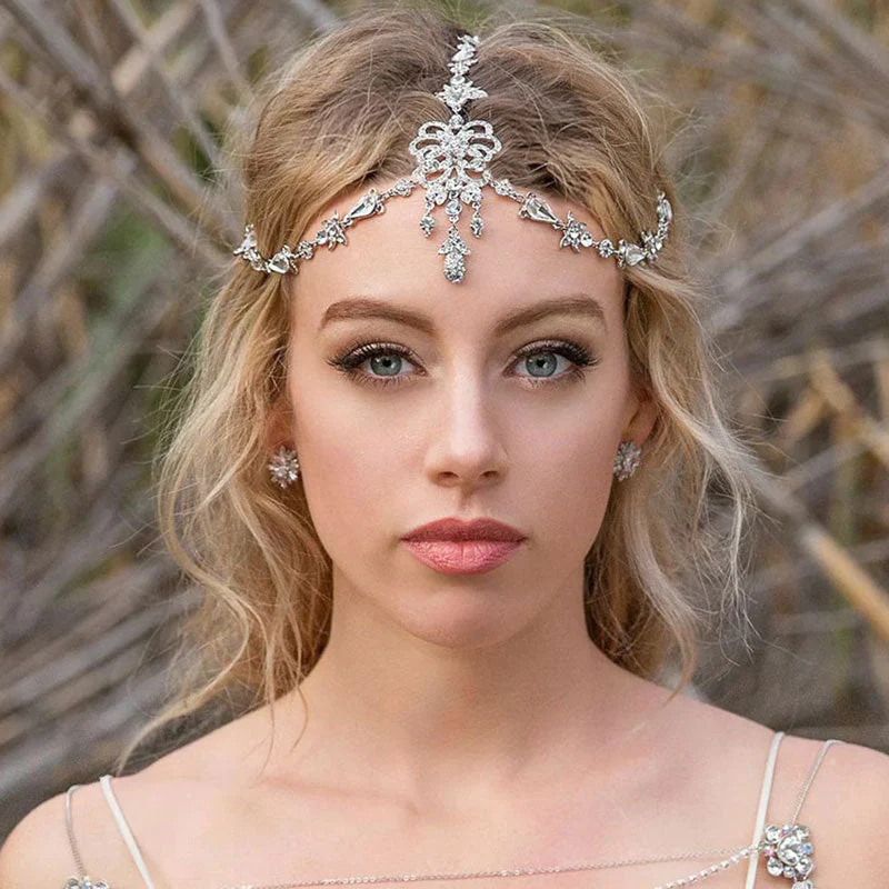 Sparkly Plated Crystal Embellished Bridal Head Chain - Silver - Image 3