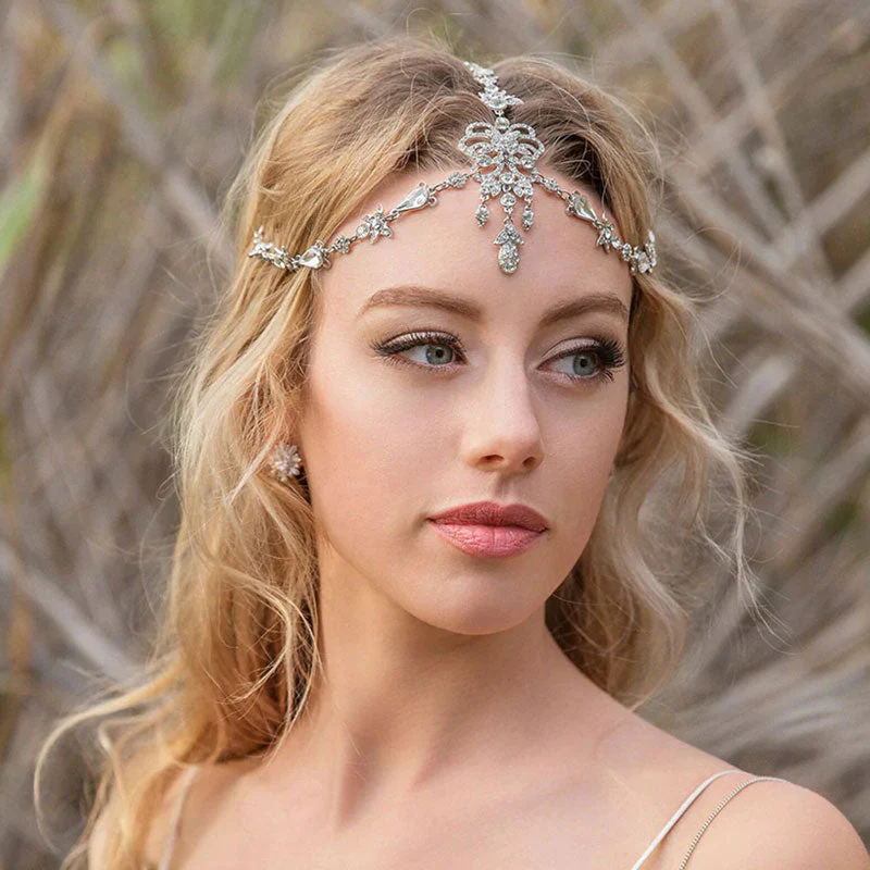 Sparkly Plated Crystal Embellished Bridal Head Chain - Silver - Image 4