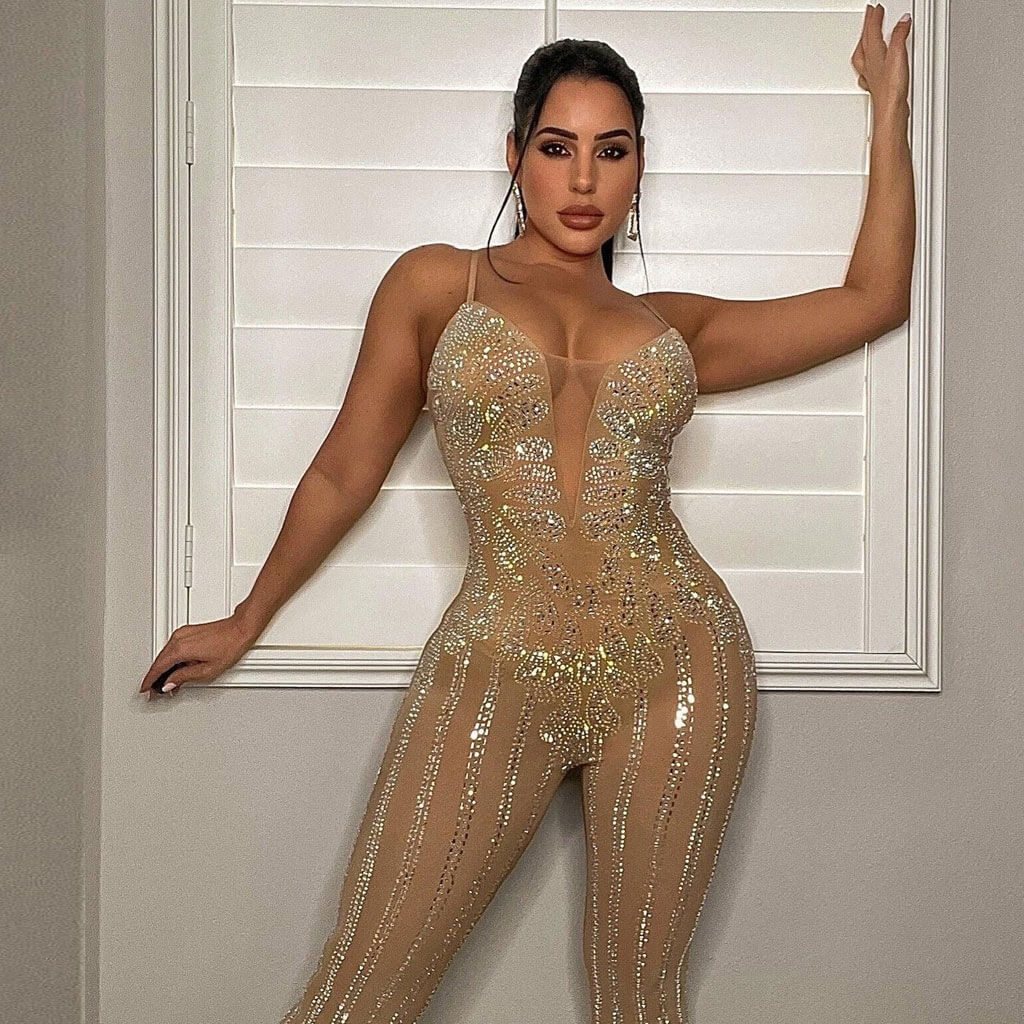 Sparkly Plunge Neck Rhinestone Detail Sheer Mesh Bodycon Sleeveless Jumpsuit - Image 3