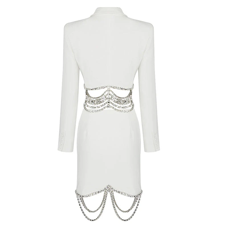 Sparkly Rhinestone Chain High Waist Deep V Blazer Matching Set - White - Image 6
