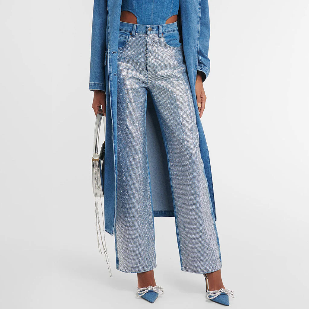 Sparkly Rhinestone Detail Pocket High Waist Straight Leg Jeans