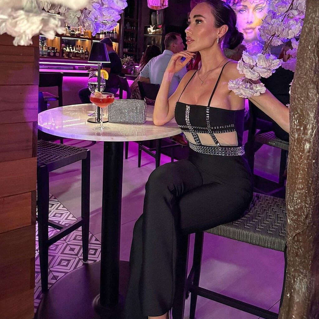 Sparkly Rhinestone Detail Sheer Mesh Wide Leg Sleeveless Bandage Jumpsuit - Image 2