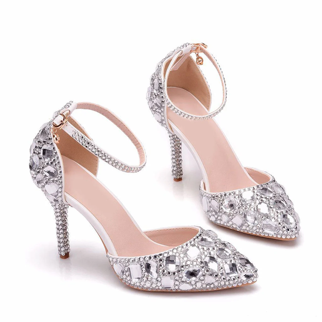 Sparkly Rhinestone Embellished Ankle Strap Stiletto Pumps - White - Image 2