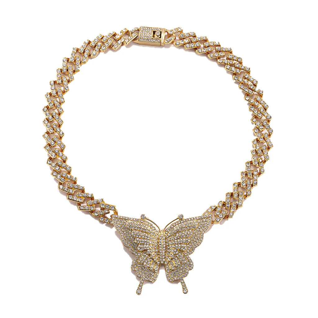 Sparkly Rhinestone Embellished Butterfly Charm Statement Necklace - Gold - Image 2