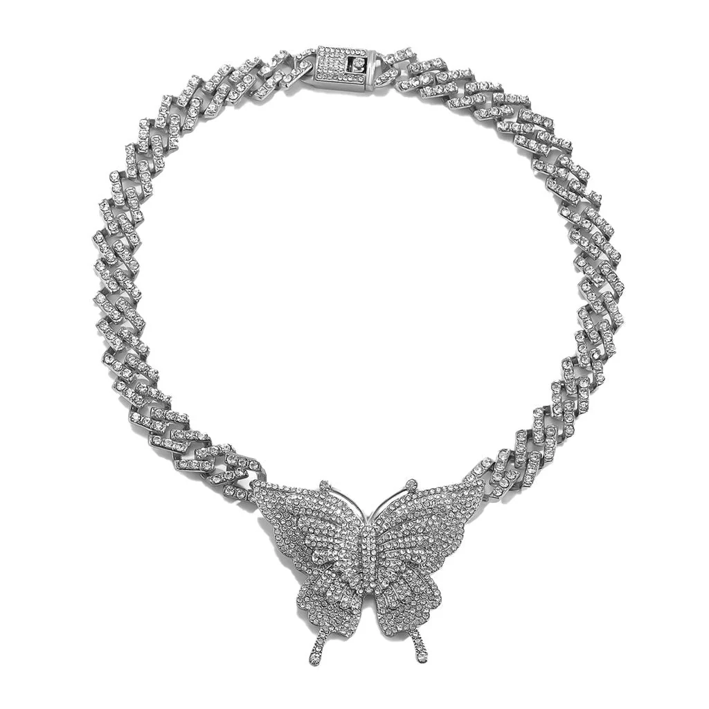 Sparkly Rhinestone Embellished Butterfly Charm Statement Necklace - Silver - Image 2