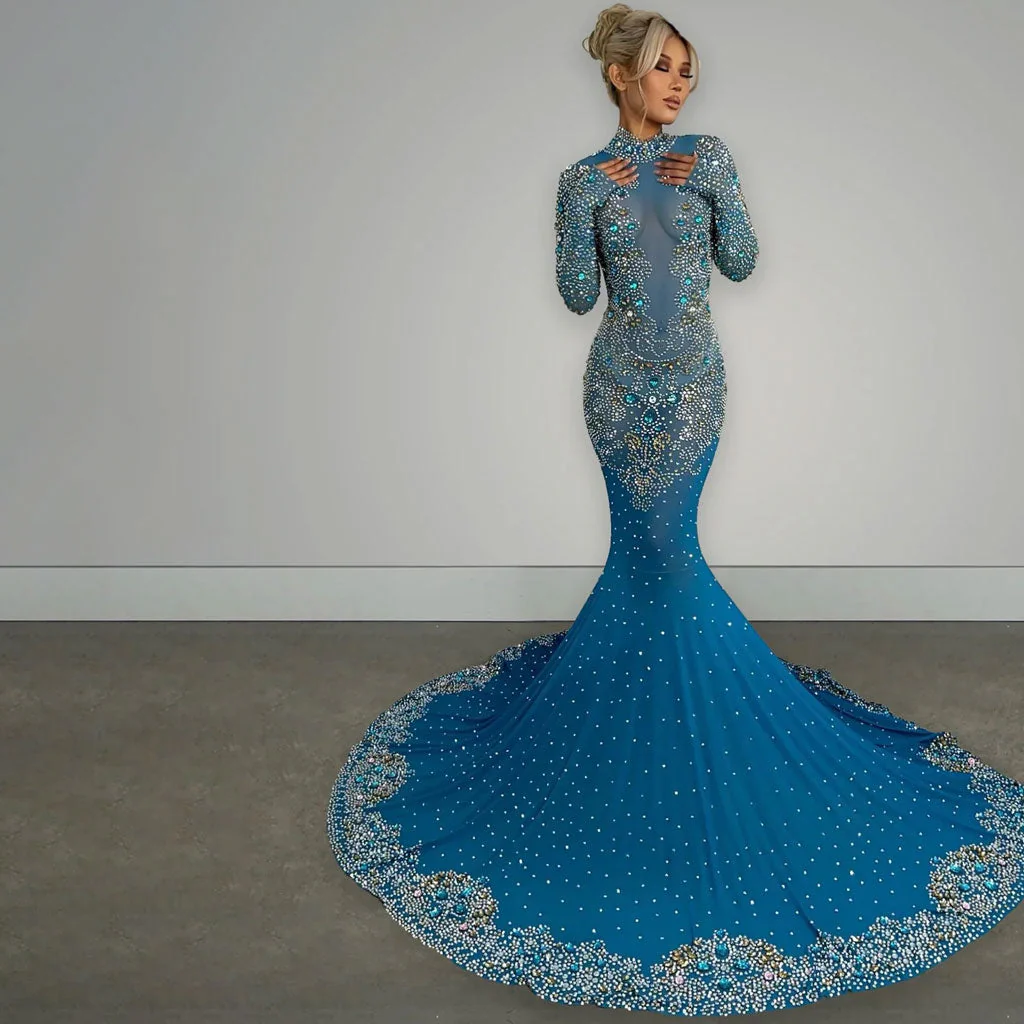 Sparkly Rhinestone Embellished High Neck Long Sleeve Mesh Mermaid Maxi Evening Dress - Image 2
