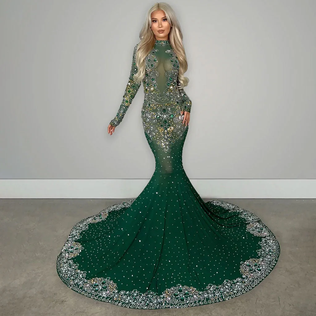 Sparkly Rhinestone Embellished High Neck Long Sleeve Mesh Mermaid Maxi Evening Dress - Image 4
