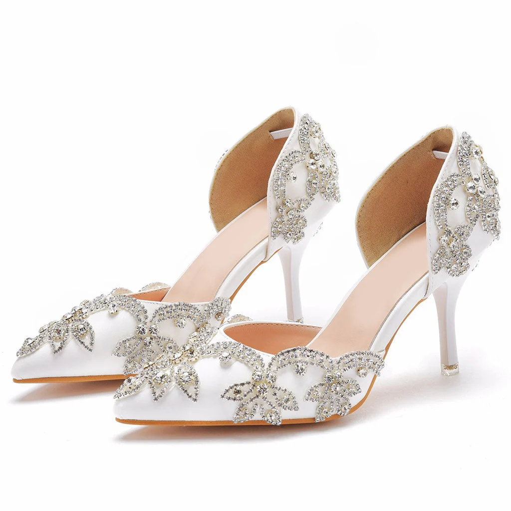 Sparkly Rhinestone Embellished Pointed Toe Stiletto Pumps - White - Image 2
