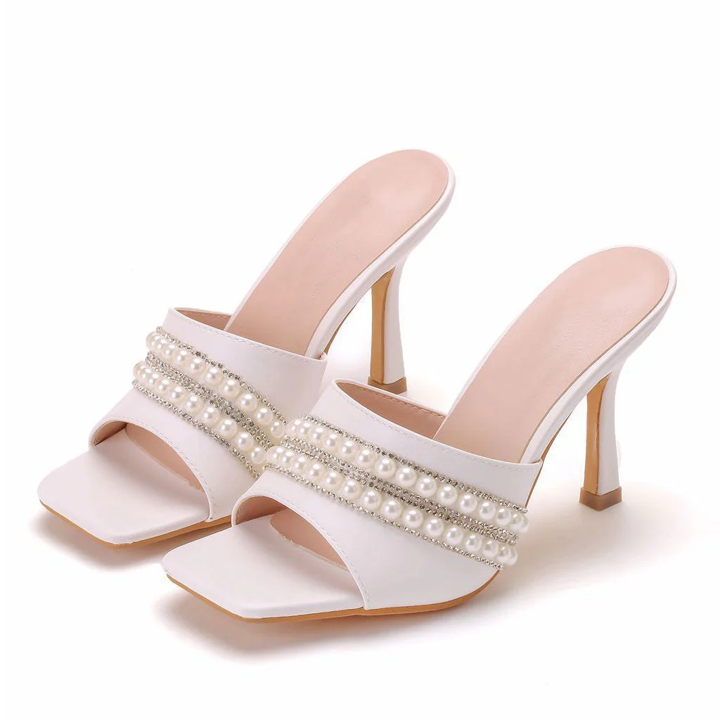 Sparkly Rhinestone Embellished Square Toe High Heel Mules - White - Image 3